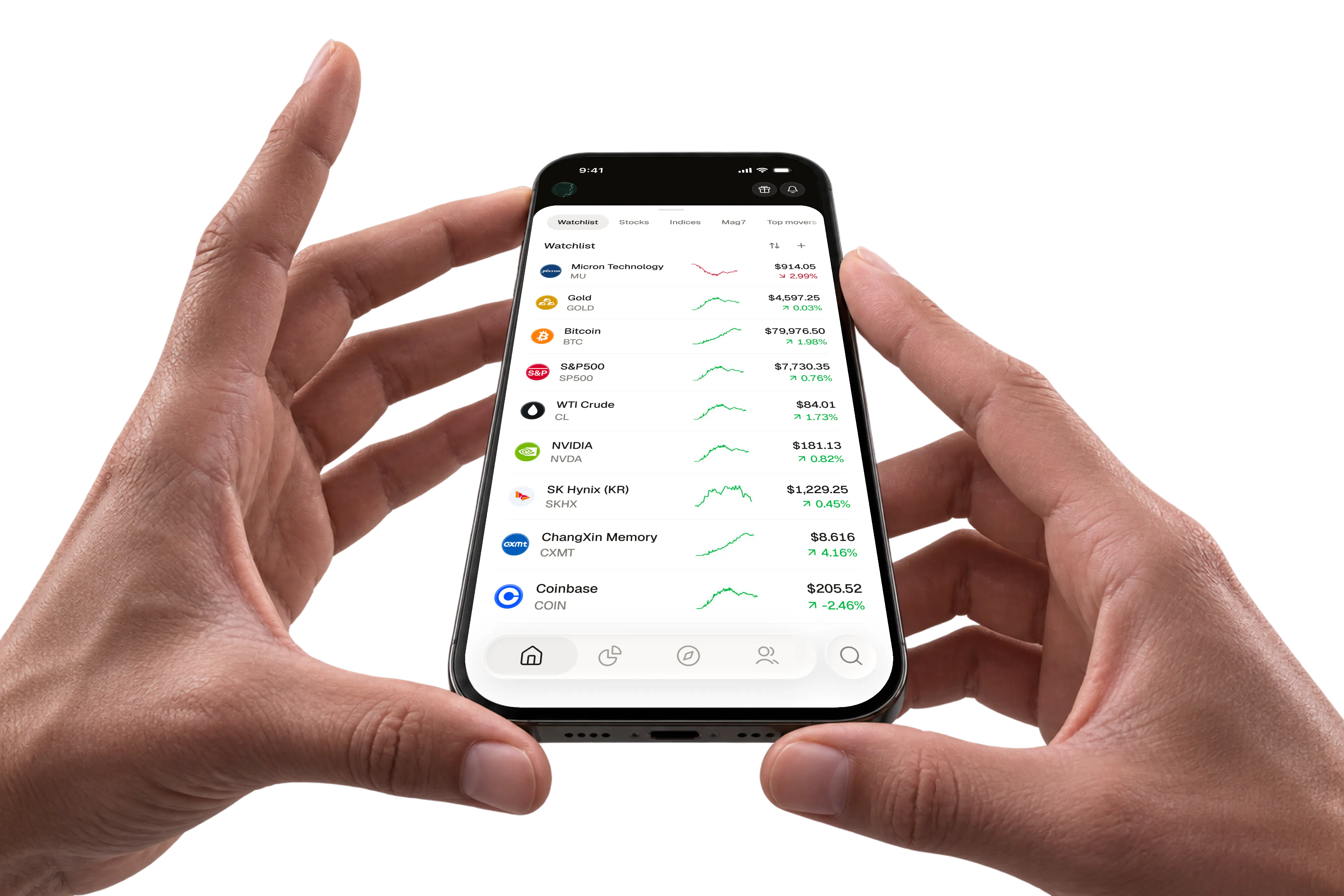 Turbo market watchlist displayed on a phone held in two hands.
