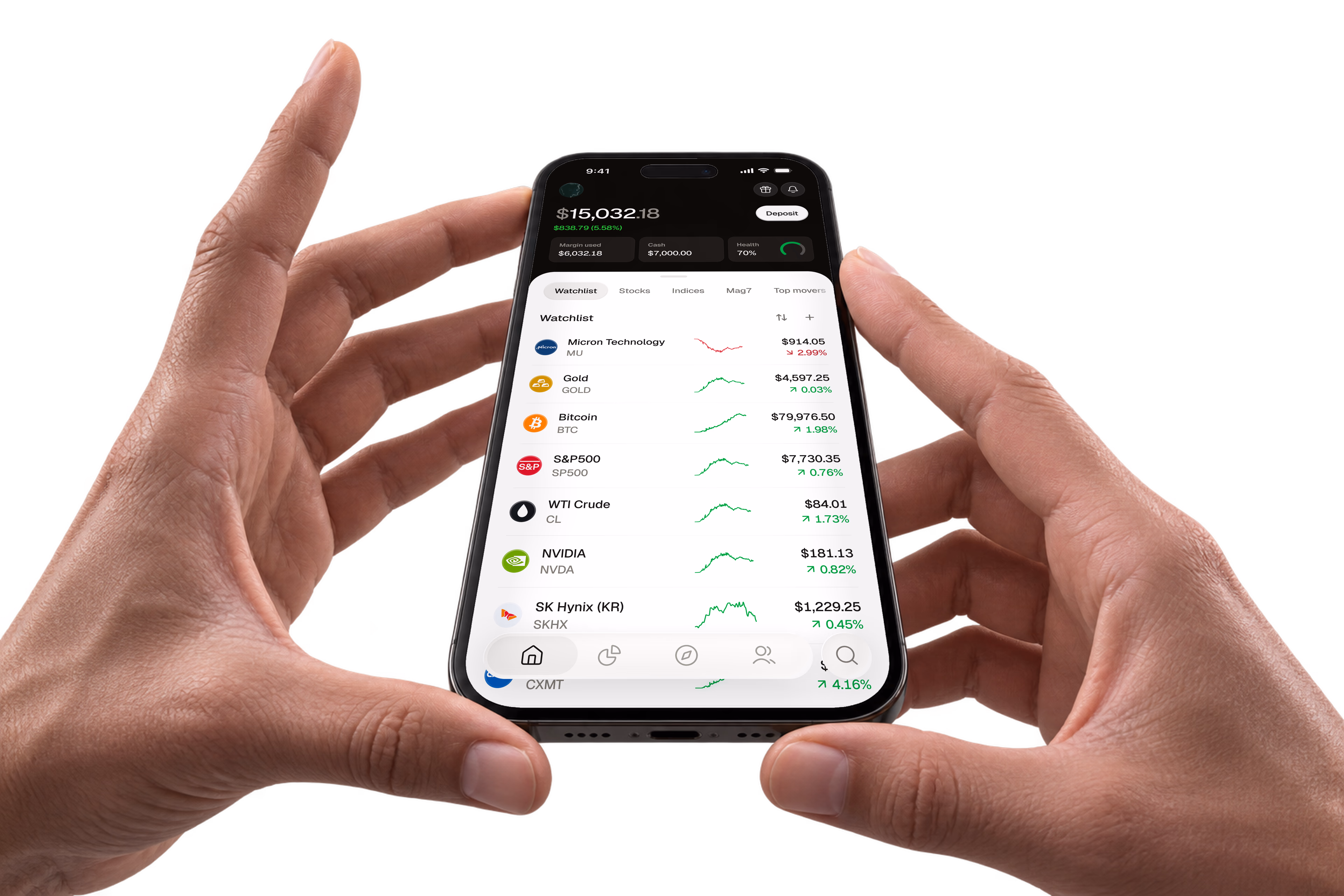Turbo trading watchlist displayed on a phone held in two hands.