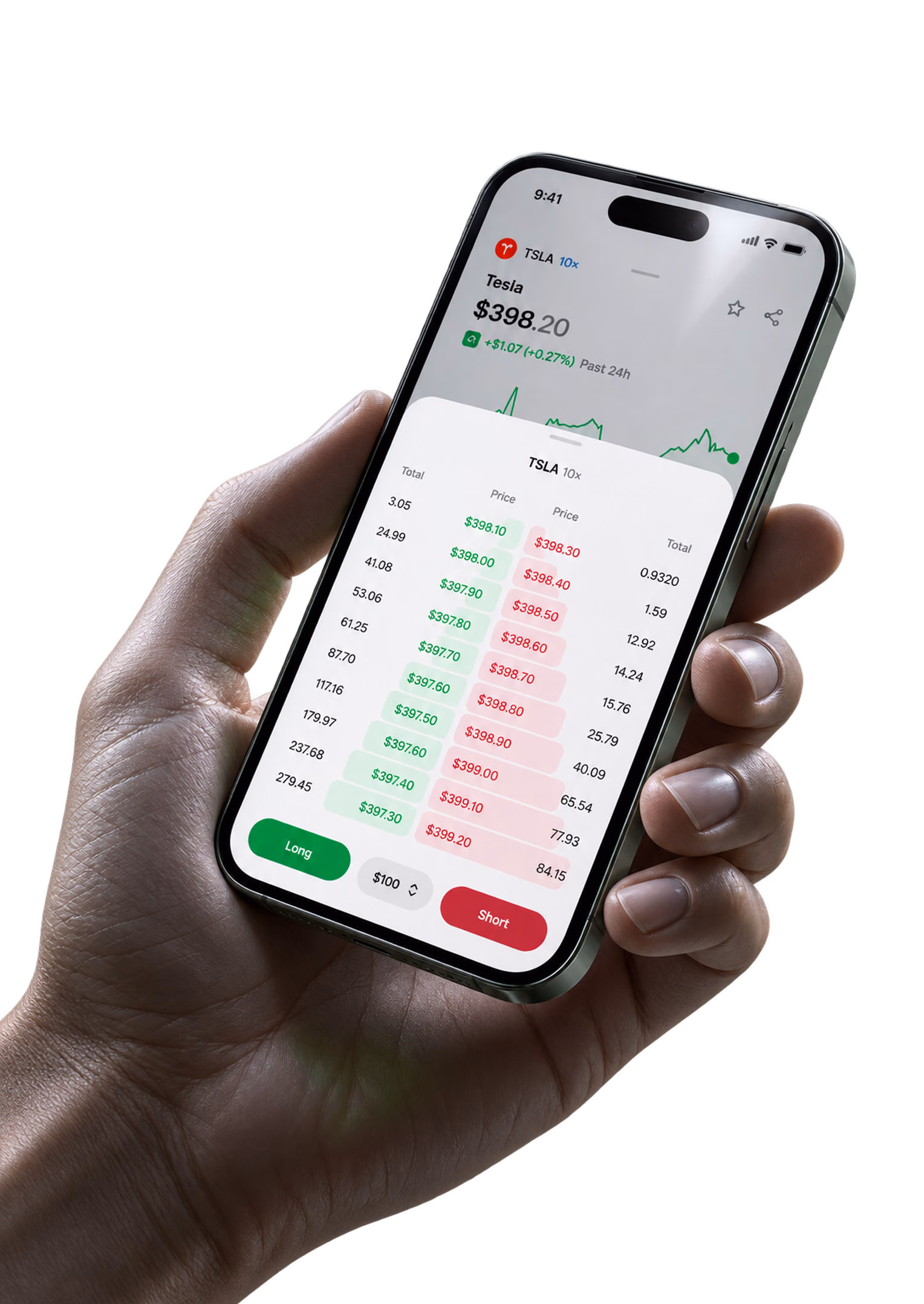 Turbo order book displayed on a phone held in one hand.