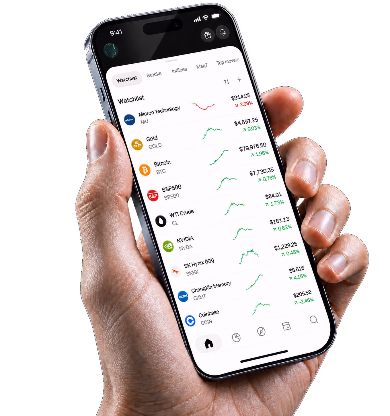 Turbo market watchlist displayed on a phone held in one hand.